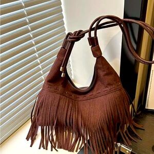 New - Uniquely Shaped - Retro Style - Faux Leather Fringe Shoulder Bag - Coffee